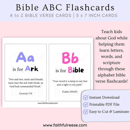 Printable Bible ABC flash cards with bible verses.