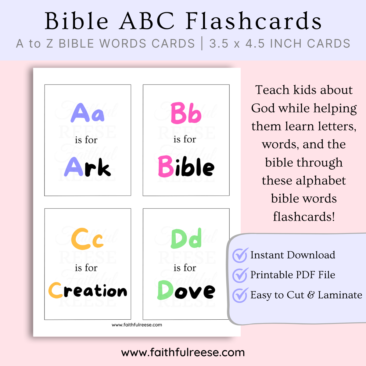 Printable ABC alphabet bible words flash cards.