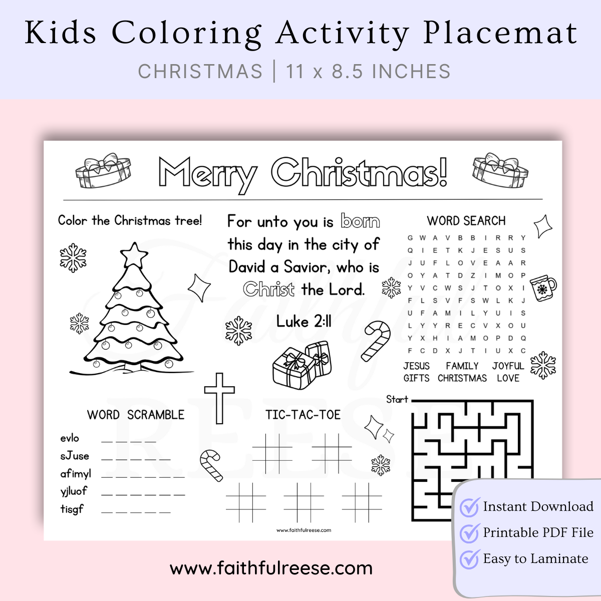 Christmas coloring activity placemat for kids.