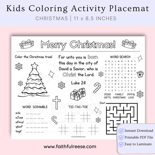 Christmas coloring activity placemat for kids.