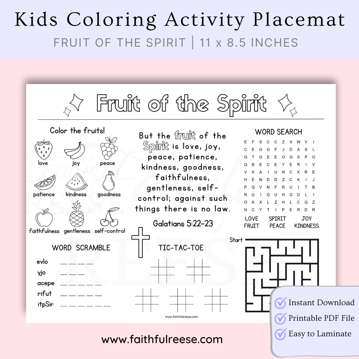 Fruit of the Spirit coloring activity placemat for kids.