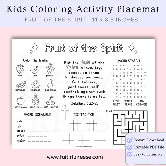 Fruit of the Spirit coloring activity placemat for kids.