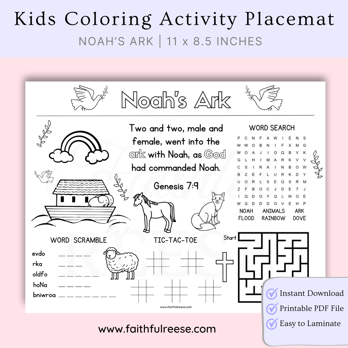 Noah's Ark coloring activity placemat for kids.