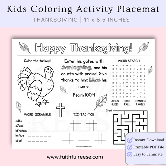 Thanksgiving coloring activity placemat for kids.