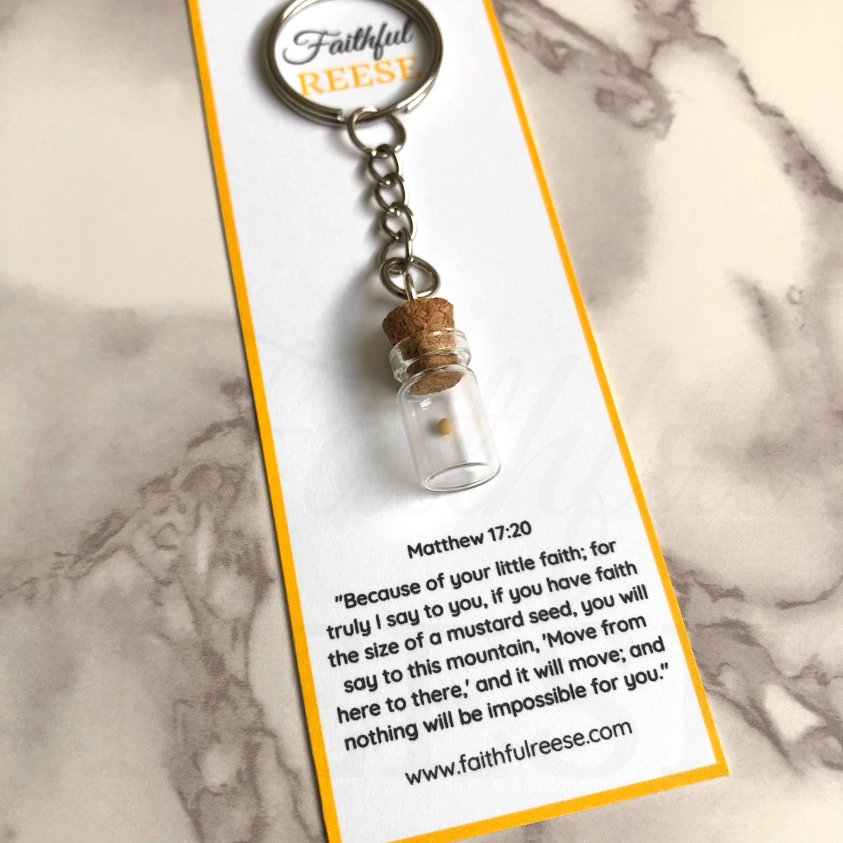 Faith the size of a mustard seed keychain, Matthew 17:20.